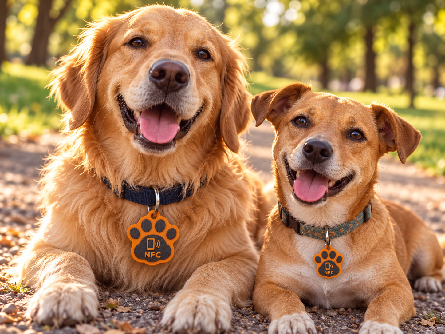 Dois cães de portes diferentes usando tags OiTutor em dois tamanhos, com bordas laranja e símbolo NFC.