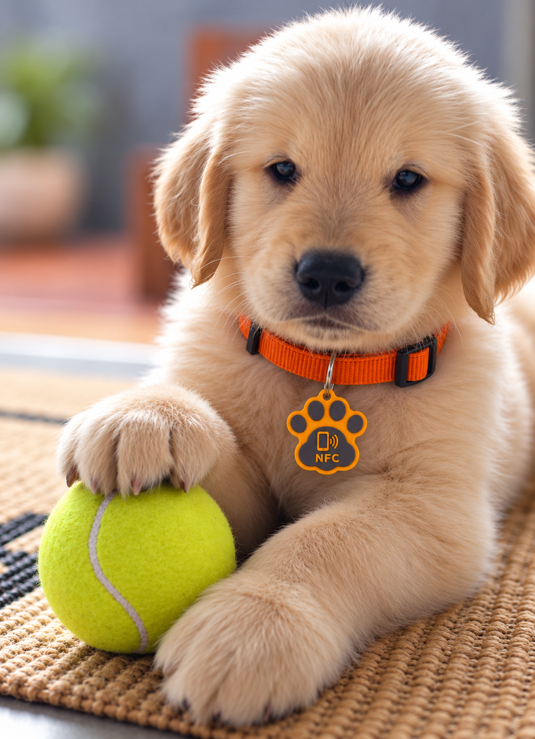 Filhote de Golden Retriever com coleira laranja e tag OiTutor em formato de patinha, apoiando a pata em uma bola verde.
